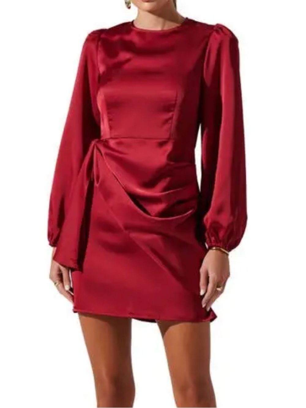 Astr The Label Draped Red Satin Long-Sleeve Mini Dress